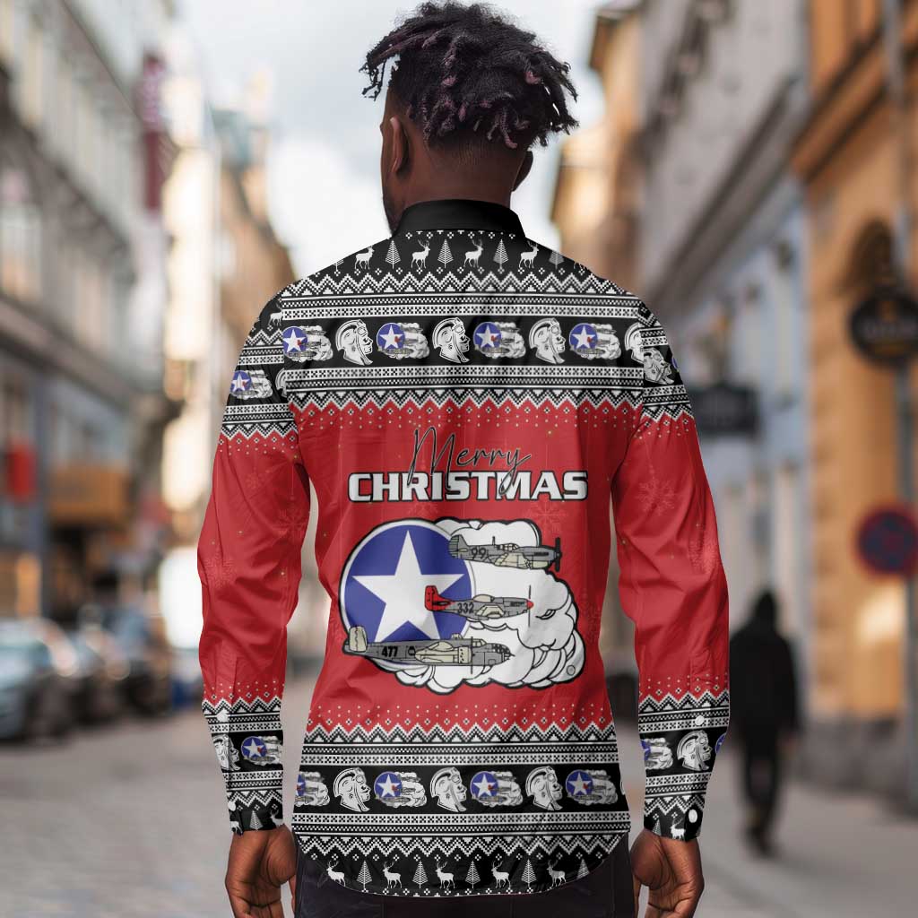 Afro Christmas Tuskegee Red Tails Airmen Long Sleeve Button Shirt Merry Christmas - African Pride