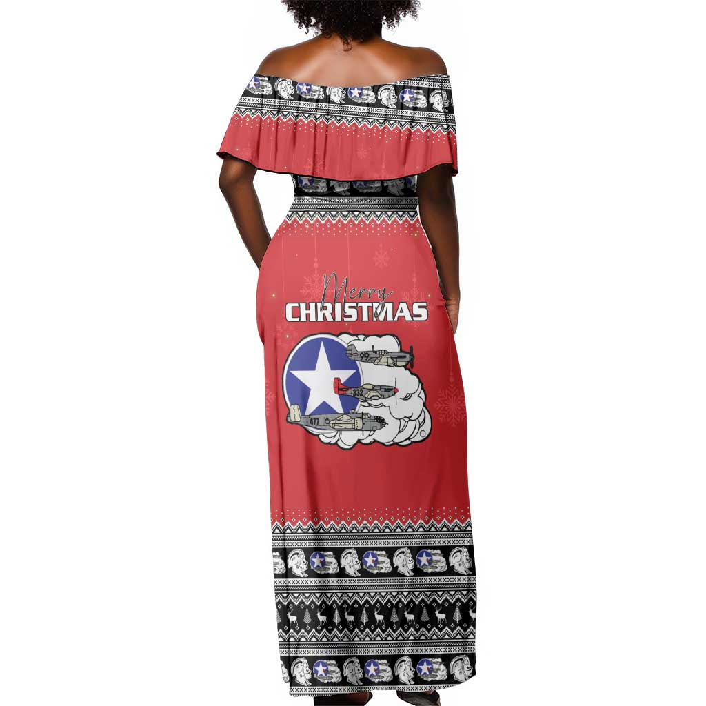 Afro Christmas Tuskegee Red Tails Airmen Off Shoulder Maxi Dress Merry Christmas - African Pride