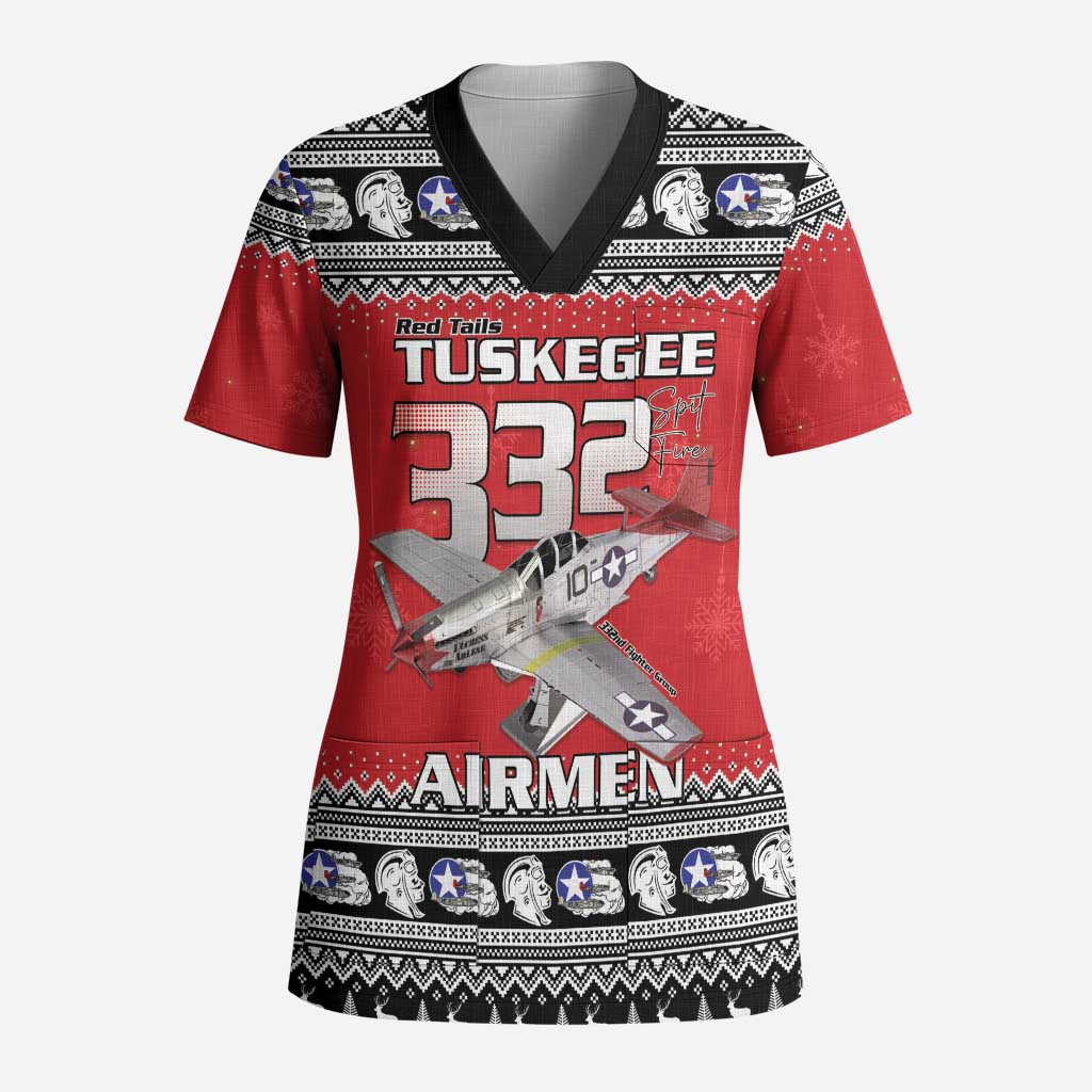 Tuskegee Red Tails Airmen Christmas Scrub Top P-51 Mustang 332nd Fighter Group - African Pride