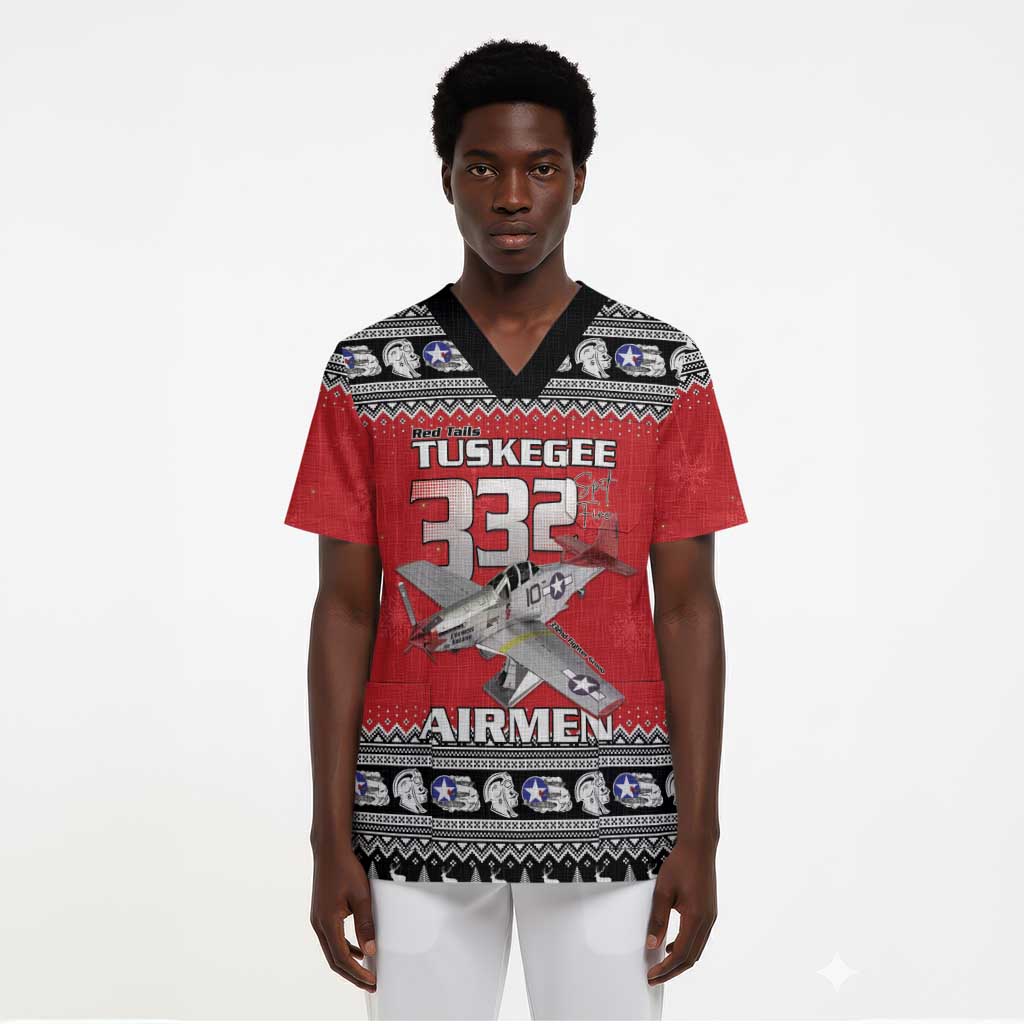 Tuskegee Red Tails Airmen Christmas Scrub Top P-51 Mustang 332nd Fighter Group - African Pride
