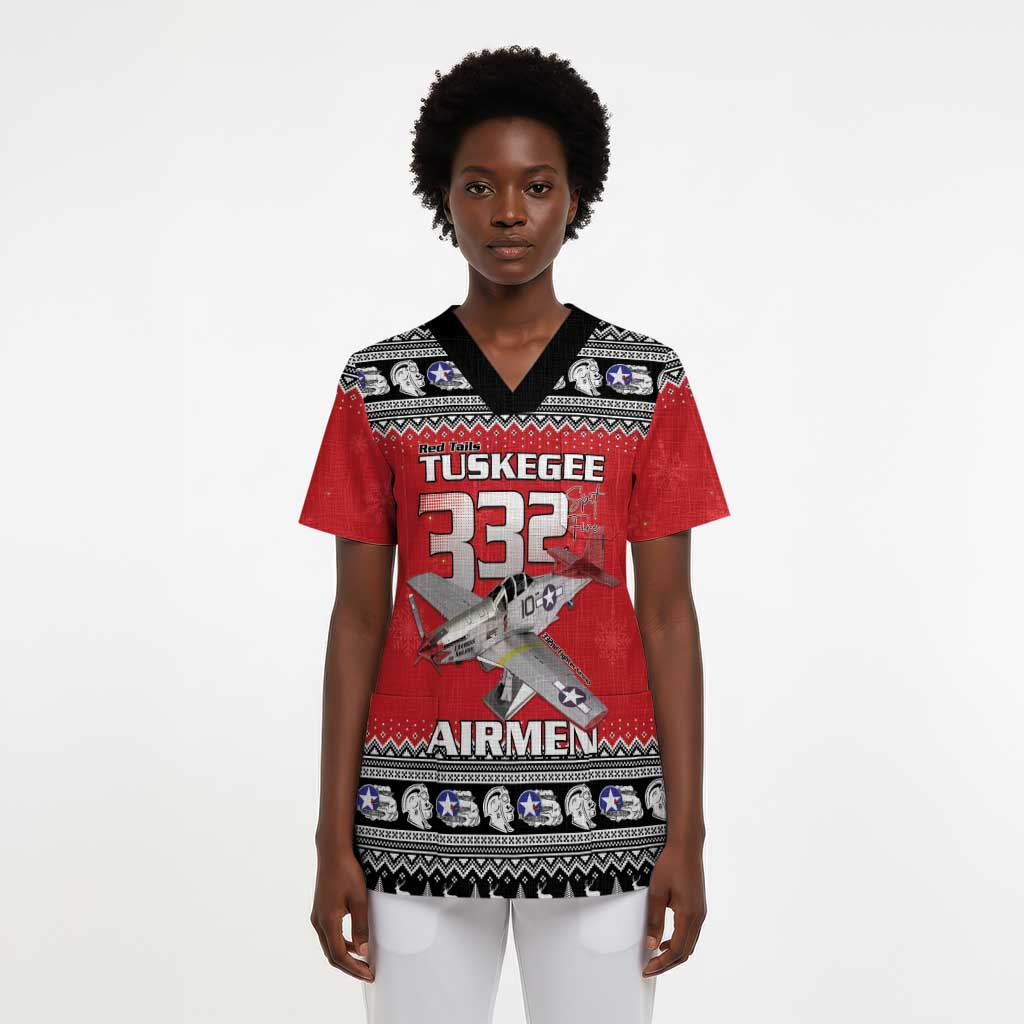 Tuskegee Red Tails Airmen Christmas Scrub Top P-51 Mustang 332nd Fighter Group - African Pride