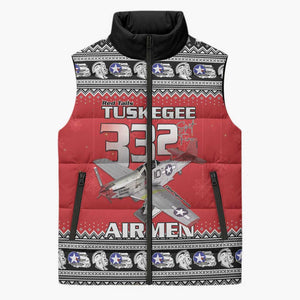 Tuskegee Red Tails Airmen Christmas Sleeveless Puffer Jacket P-51 Mustang 332nd Fighter Group