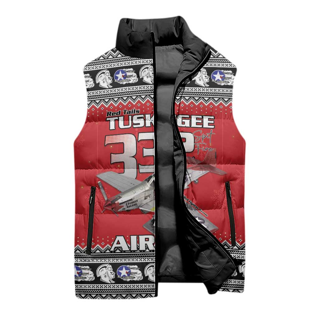 Tuskegee Red Tails Airmen Christmas Sleeveless Puffer Jacket P-51 Mustang 332nd Fighter Group