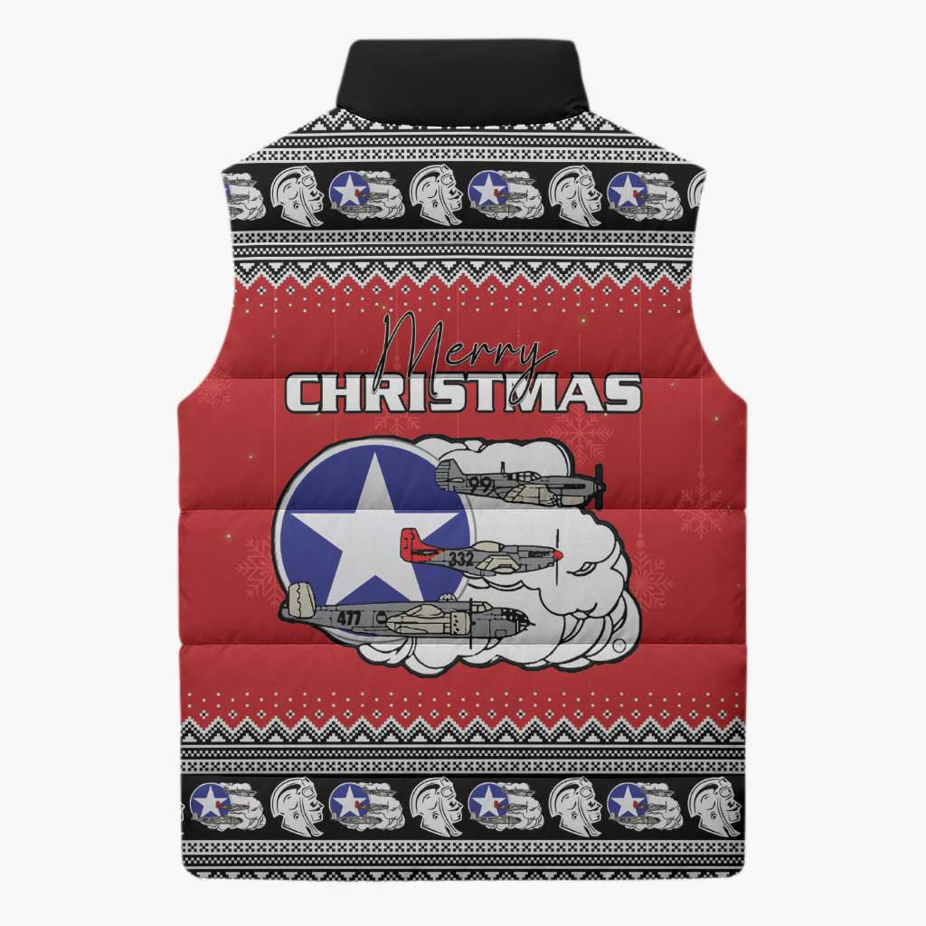 Tuskegee Red Tails Airmen Christmas Sleeveless Puffer Jacket P-51 Mustang 332nd Fighter Group
