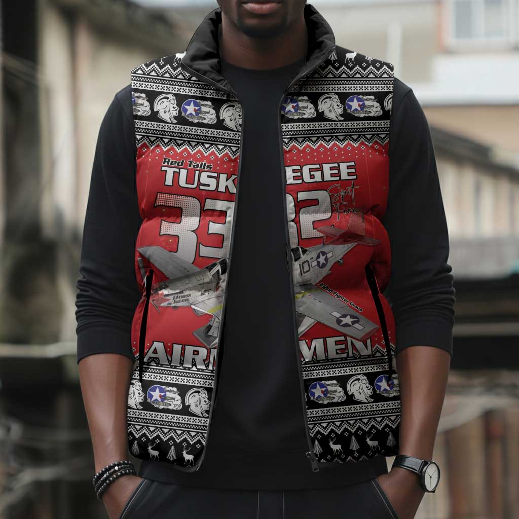 Tuskegee Red Tails Airmen Christmas Sleeveless Puffer Jacket P-51 Mustang 332nd Fighter Group