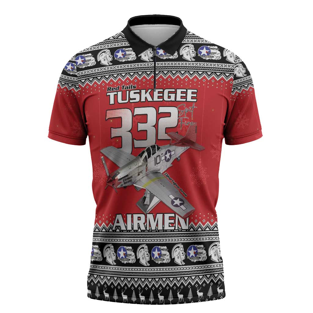 Tuskegee Red Tails Airmen Christmas Zipper Polo Shirt P-51 Mustang 332nd Fighter Group