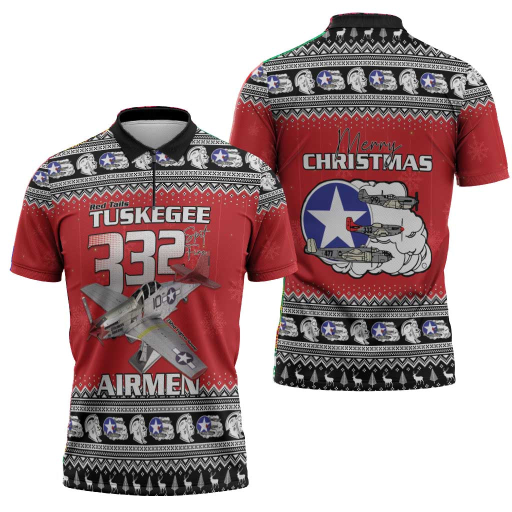 Tuskegee Red Tails Airmen Christmas Zipper Polo Shirt P-51 Mustang 332nd Fighter Group