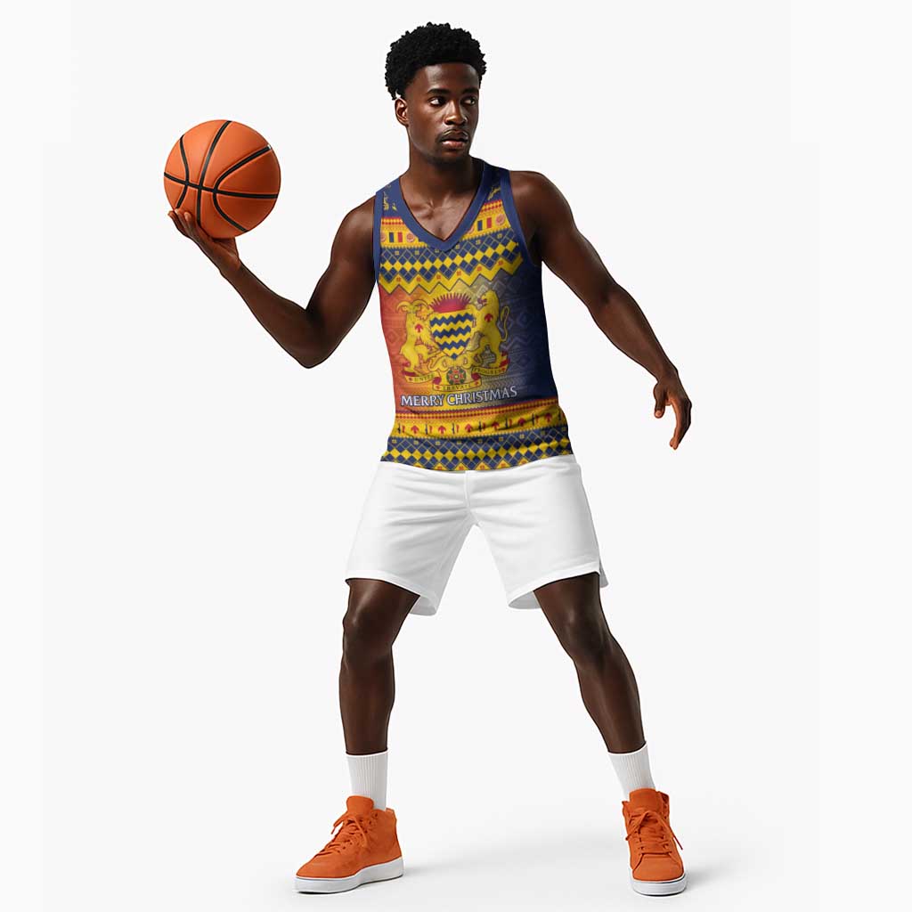 Afro Chad Christmas Basketball Jersey Coat Of Arms With African Pattern - African Pride