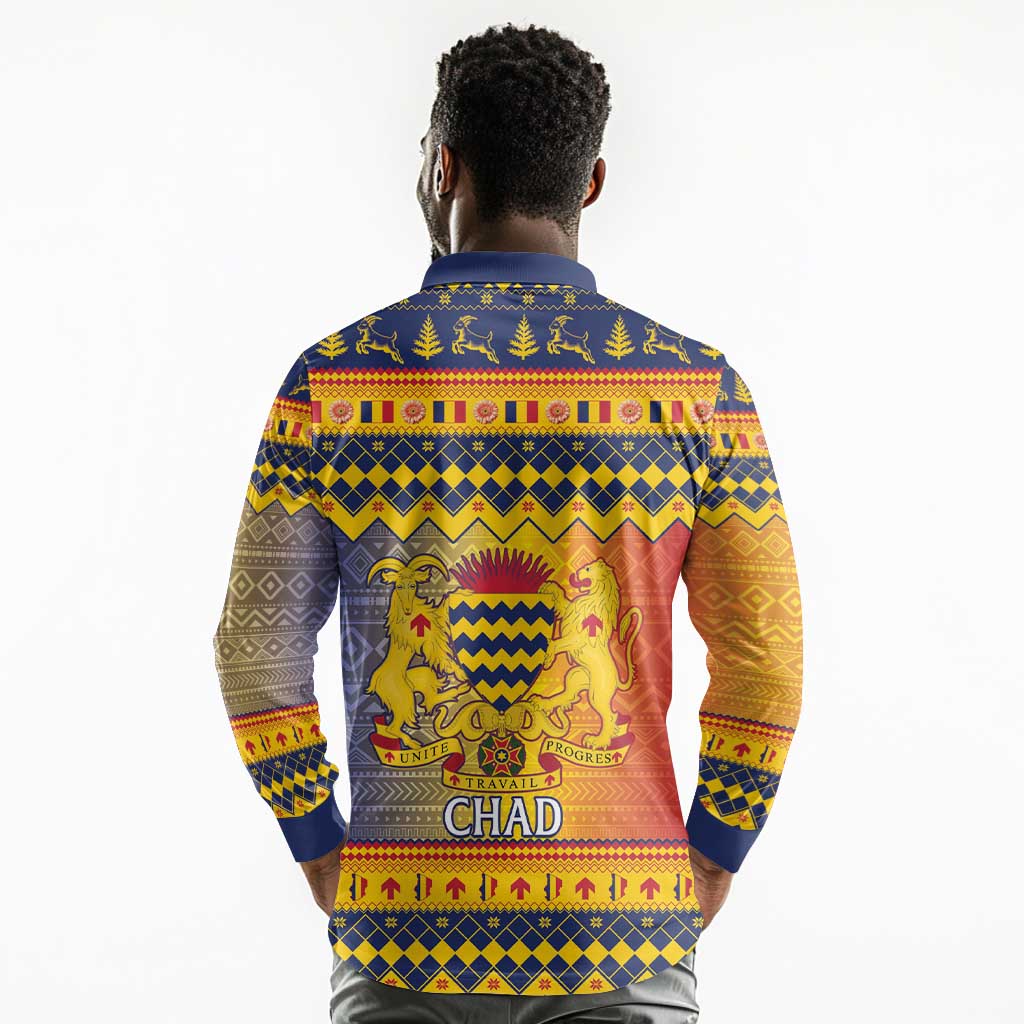 Afro Chad Christmas Long Sleeve Polo Shirt Coat Of Arms With African Pattern
