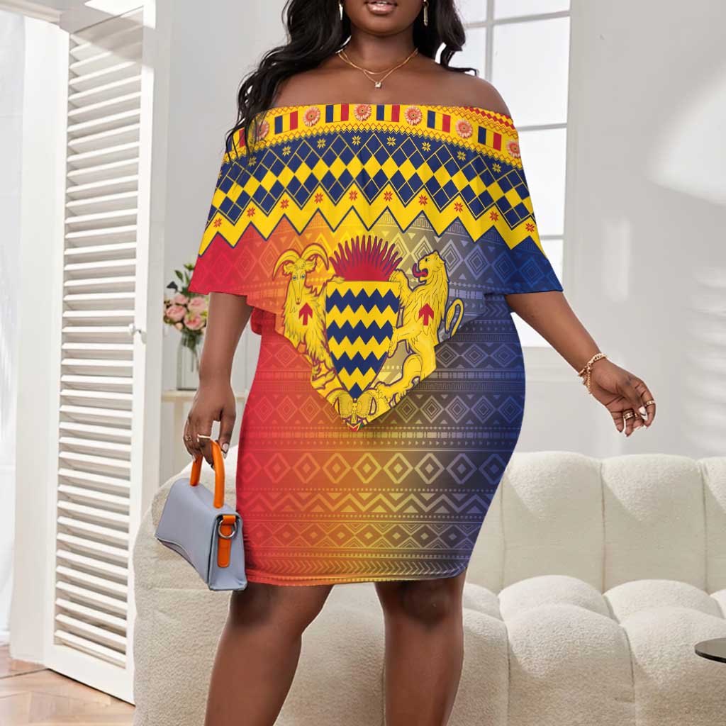 Afro Chad Christmas Off Shoulder Short Dress Coat Of Arms With African Pattern