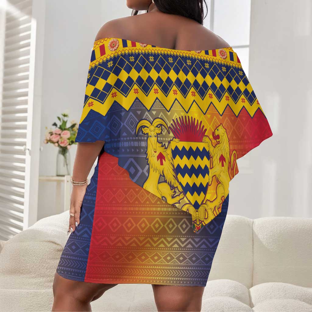 Afro Chad Christmas Off Shoulder Short Dress Coat Of Arms With African Pattern