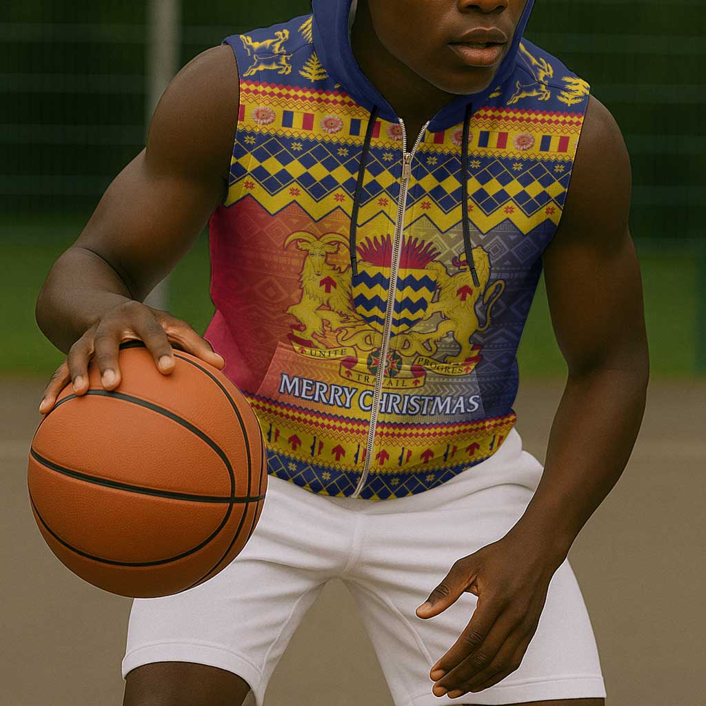 Afro Chad Christmas Sleeveless Zip Hoodie Coat Of Arms With African Pattern - African Pride