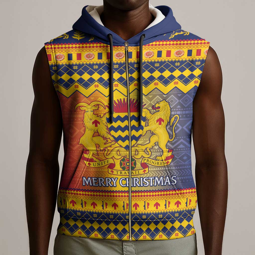 Afro Chad Christmas Sleeveless Zip Hoodie Coat Of Arms With African Pattern - African Pride