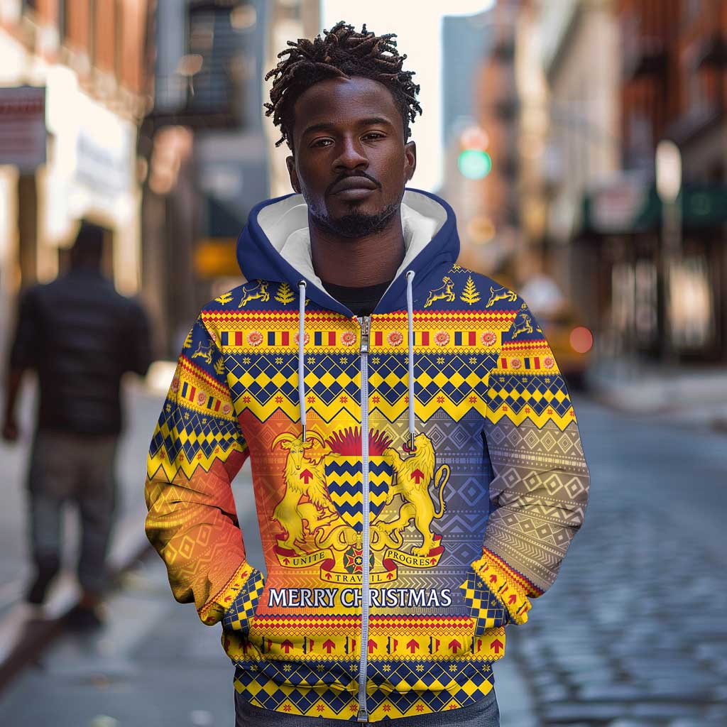 Afro Chad Christmas Zip Hoodie Coat Of Arms With African Pattern