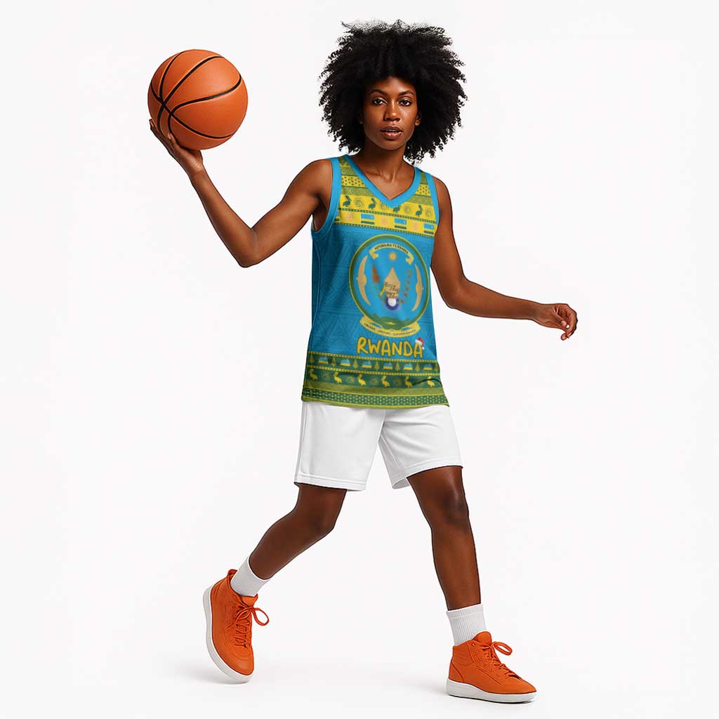 Afro Rwanda Christmas Basketball Jersey Noheli Nziza Coat Of Arms - African Pattern - African Pride
