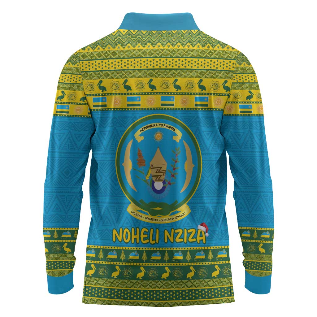 Afro Rwanda Christmas Long Sleeve Polo Shirt Noheli Nziza Coat Of Arms - African Pattern