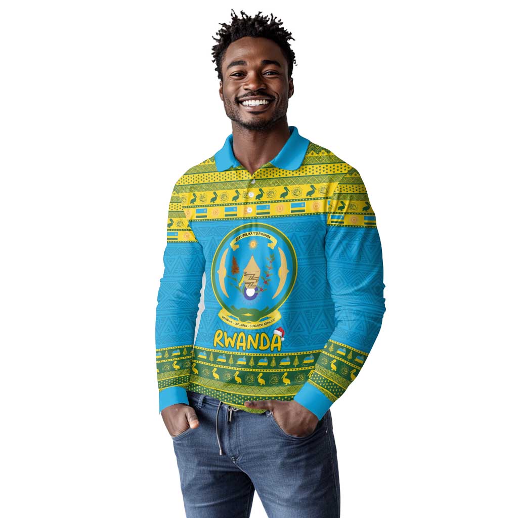 Afro Rwanda Christmas Long Sleeve Polo Shirt Noheli Nziza Coat Of Arms - African Pattern