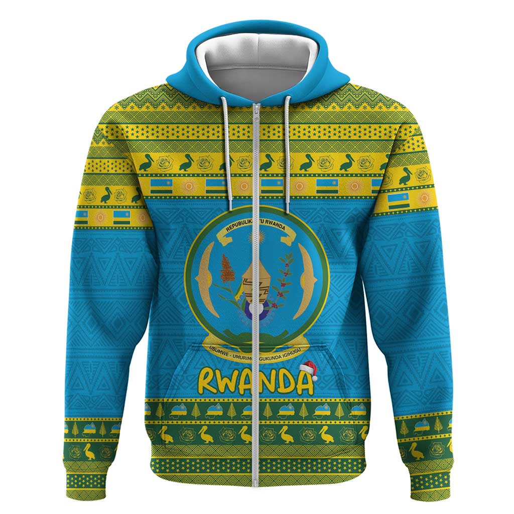 Afro Rwanda Christmas Zip Hoodie Noheli Nziza Coat Of Arms - African Pattern