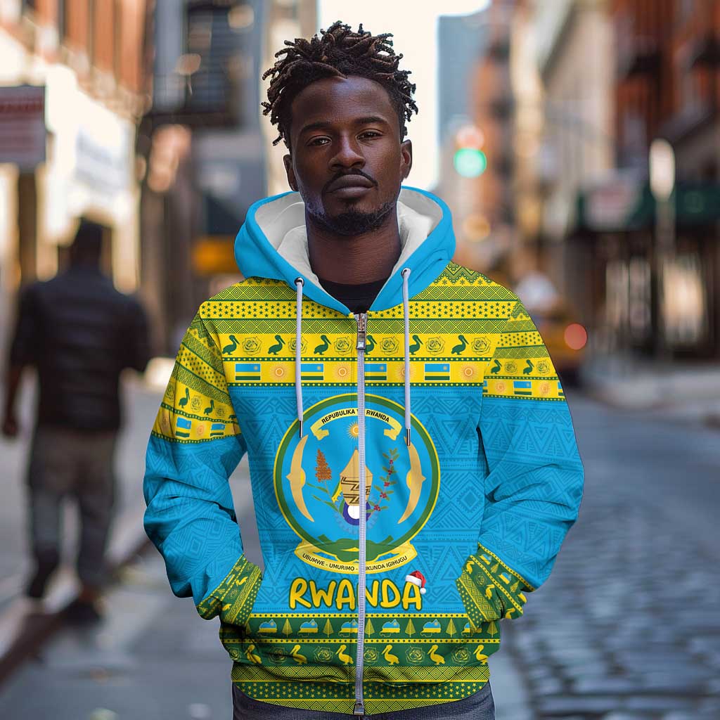 Afro Rwanda Christmas Zip Hoodie Noheli Nziza Coat Of Arms - African Pattern