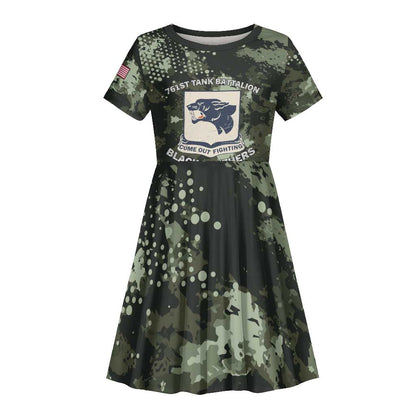 761st Tank Battalion Black Panthers Kid Short Sleeve Dress WWII Military Camouflage - African Pride