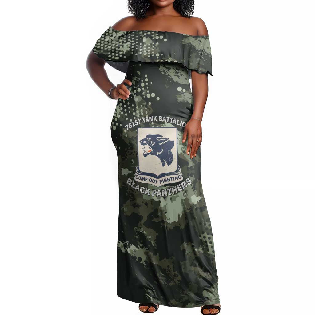 761st Tank Battalion Black Panthers Off Shoulder Maxi Dress WWII Military Camouflage - African Pride