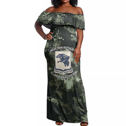 761st Tank Battalion Black Panthers Off Shoulder Maxi Dress WWII Military Camouflage - African Pride