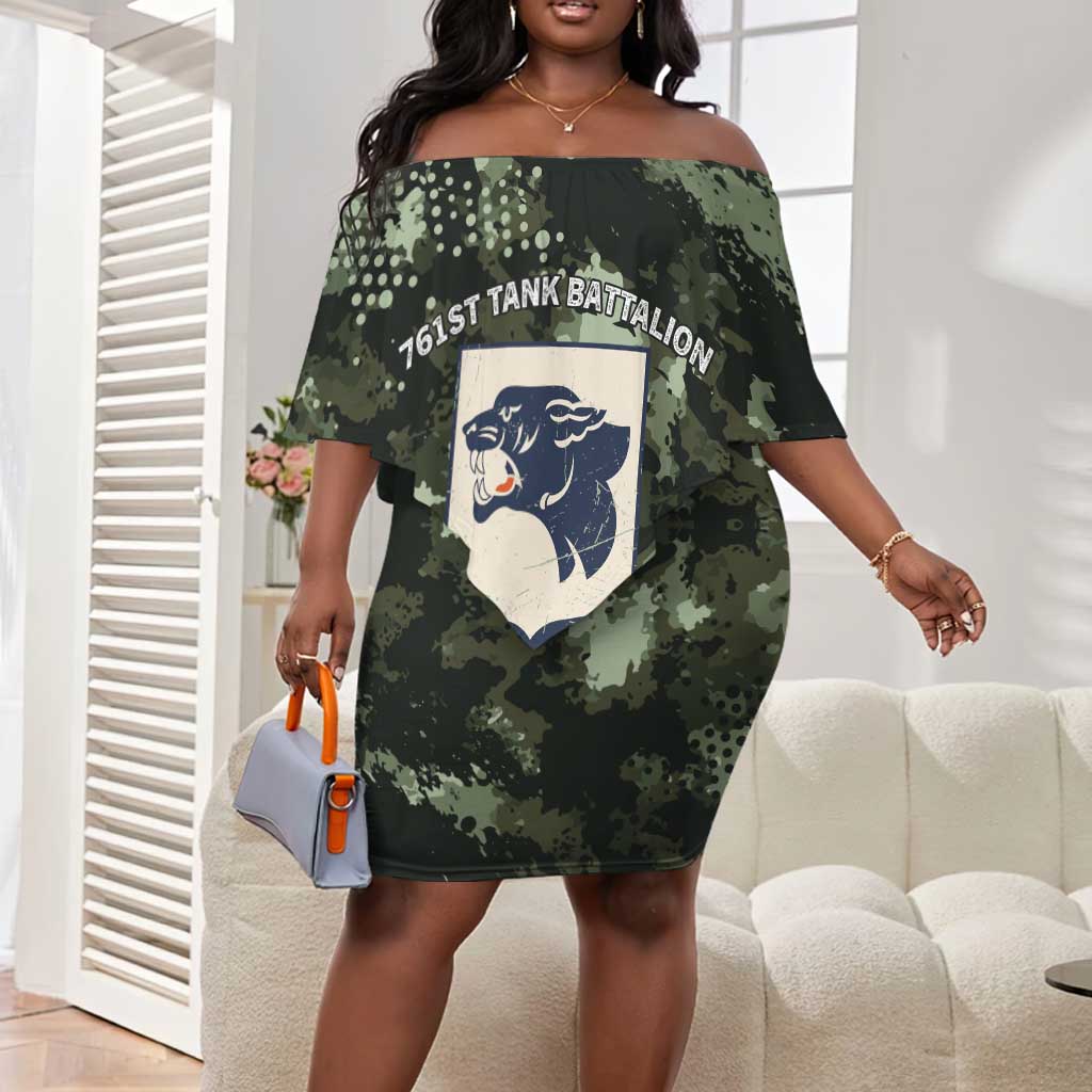 761st Tank Battalion Black Panthers Off Shoulder Short Dress WWII Military Camouflage - African Pride