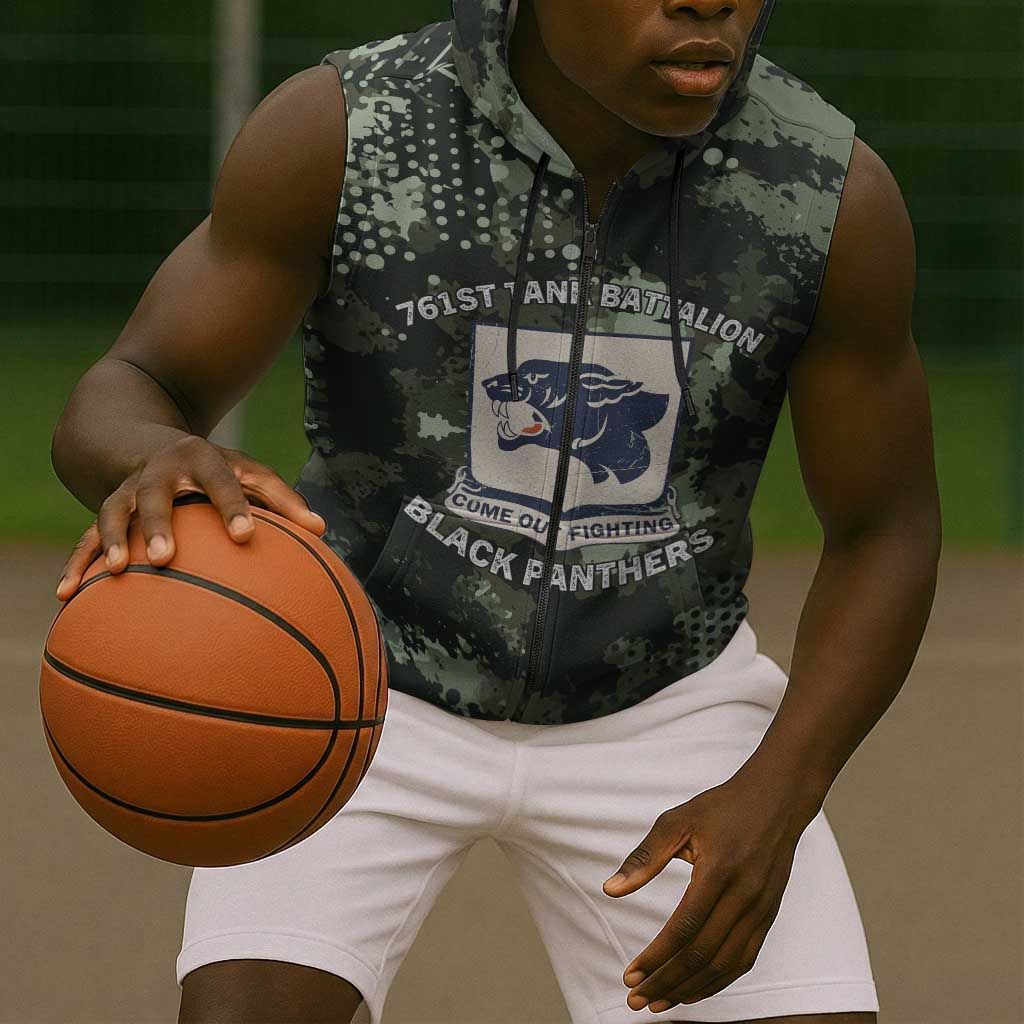 761st Tank Battalion Black Panthers Sleeveless Zip Hoodie WWII Military Camouflage - African Pride