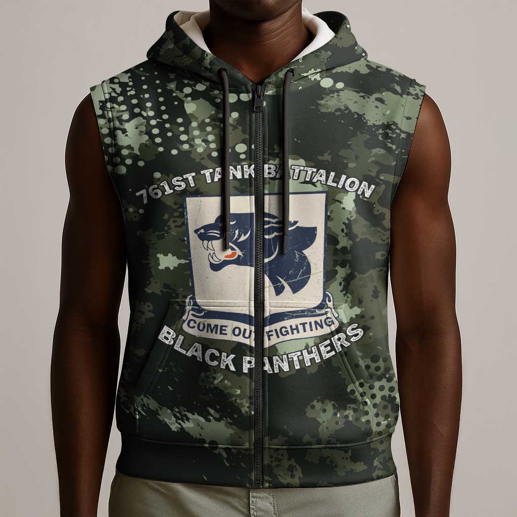 761st Tank Battalion Black Panthers Sleeveless Zip Hoodie WWII Military Camouflage - African Pride