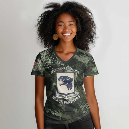 761st Tank Battalion Black Panthers Women V-Neck T-Shirt WWII Military Camouflage - African Pride