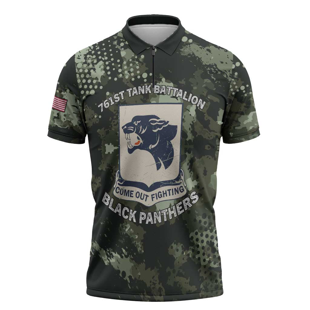761st Tank Battalion Black Panthers Zipper Polo Shirt WWII Military Camouflage - African Pride