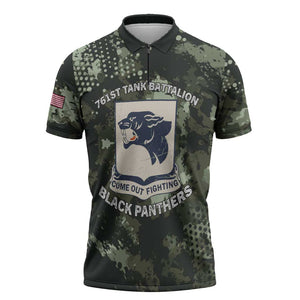 761st Tank Battalion Black Panthers Zipper Polo Shirt WWII Military Camouflage - African Pride