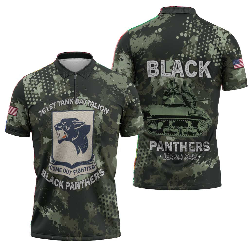 761st Tank Battalion Black Panthers Zipper Polo Shirt WWII Military Camouflage - African Pride