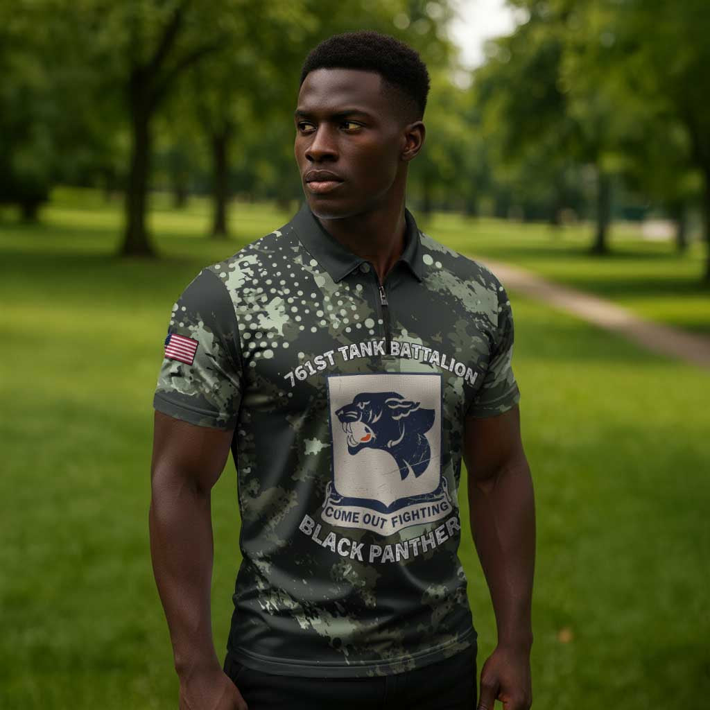 761st Tank Battalion Black Panthers Zipper Polo Shirt WWII Military Camouflage - African Pride