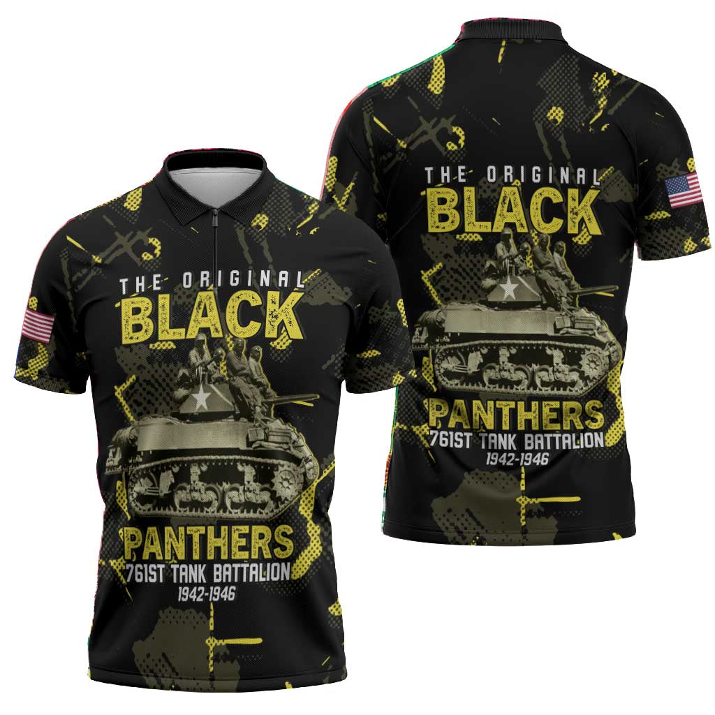 The Original Black Panthers 761st Tank Battalion Zipper Polo Shirt African American Heroes - African Pride