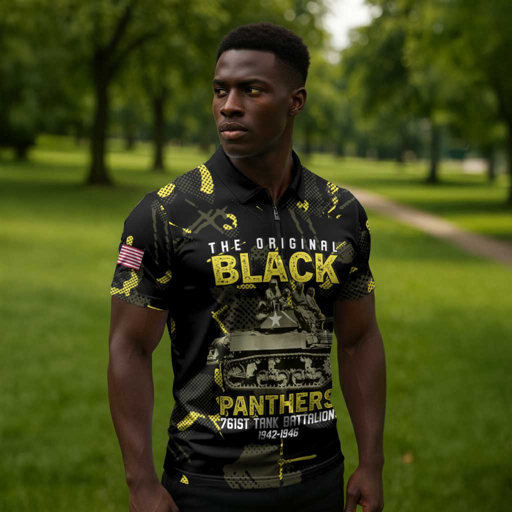 The Original Black Panthers 761st Tank Battalion Zipper Polo Shirt African American Heroes - African Pride