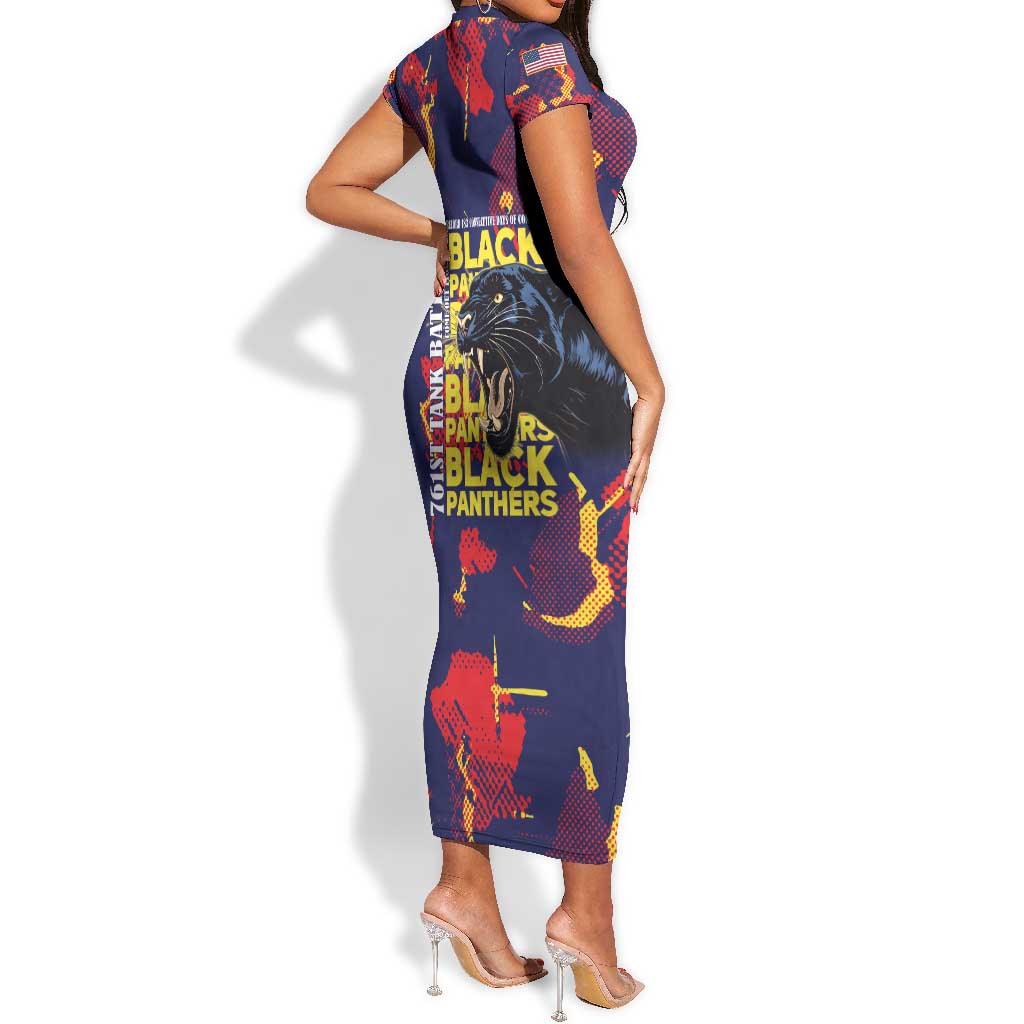 761st Tank Battalion Black Panthers Short Sleeve Bodycon Dress Legendary African American WWII - African Pride