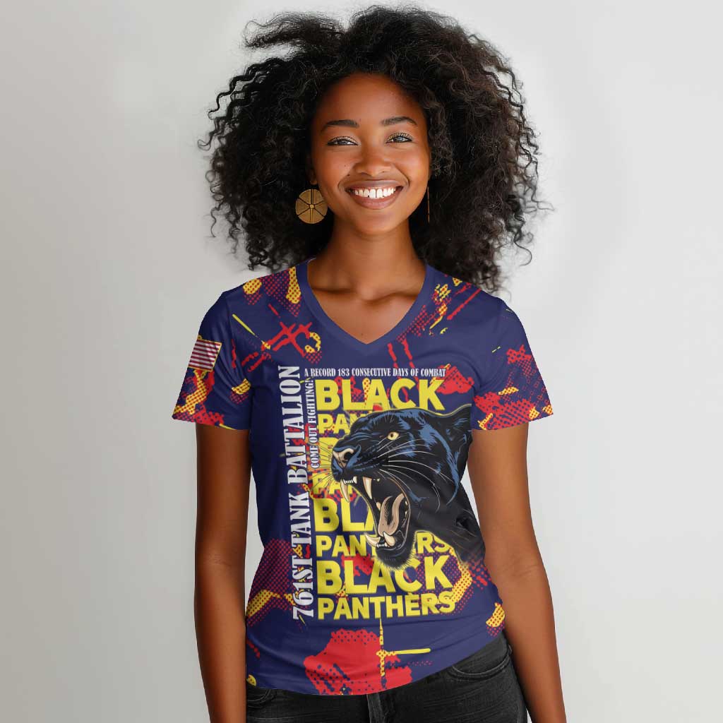 761st Tank Battalion Black Panthers Women V-Neck T-Shirt Legendary African American WWII - African Pride