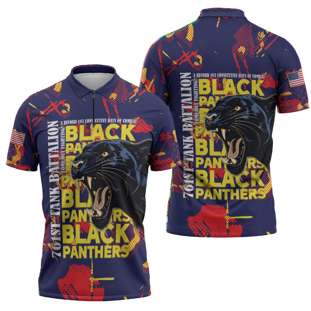 761st Tank Battalion Black Panthers Zipper Polo Shirt Legendary African American WWII - African Pride