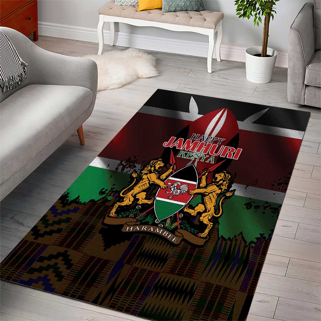 Kenya Jamhuri Day Area Rug Coat Of Arms With Kente Pattern - African Pride