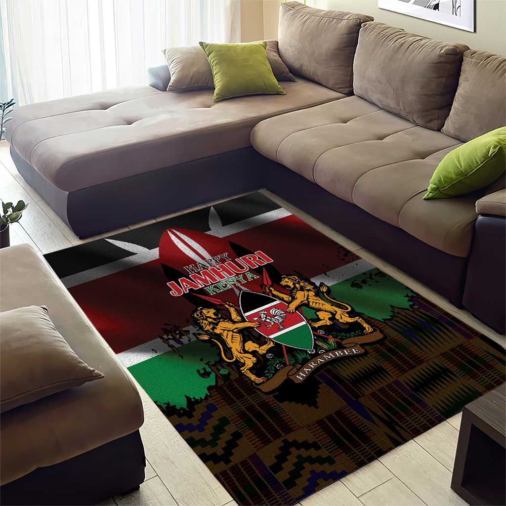 Kenya Jamhuri Day Area Rug Coat Of Arms With Kente Pattern - African Pride