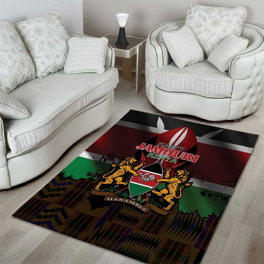 Kenya Jamhuri Day Area Rug Coat Of Arms With Kente Pattern - African Pride