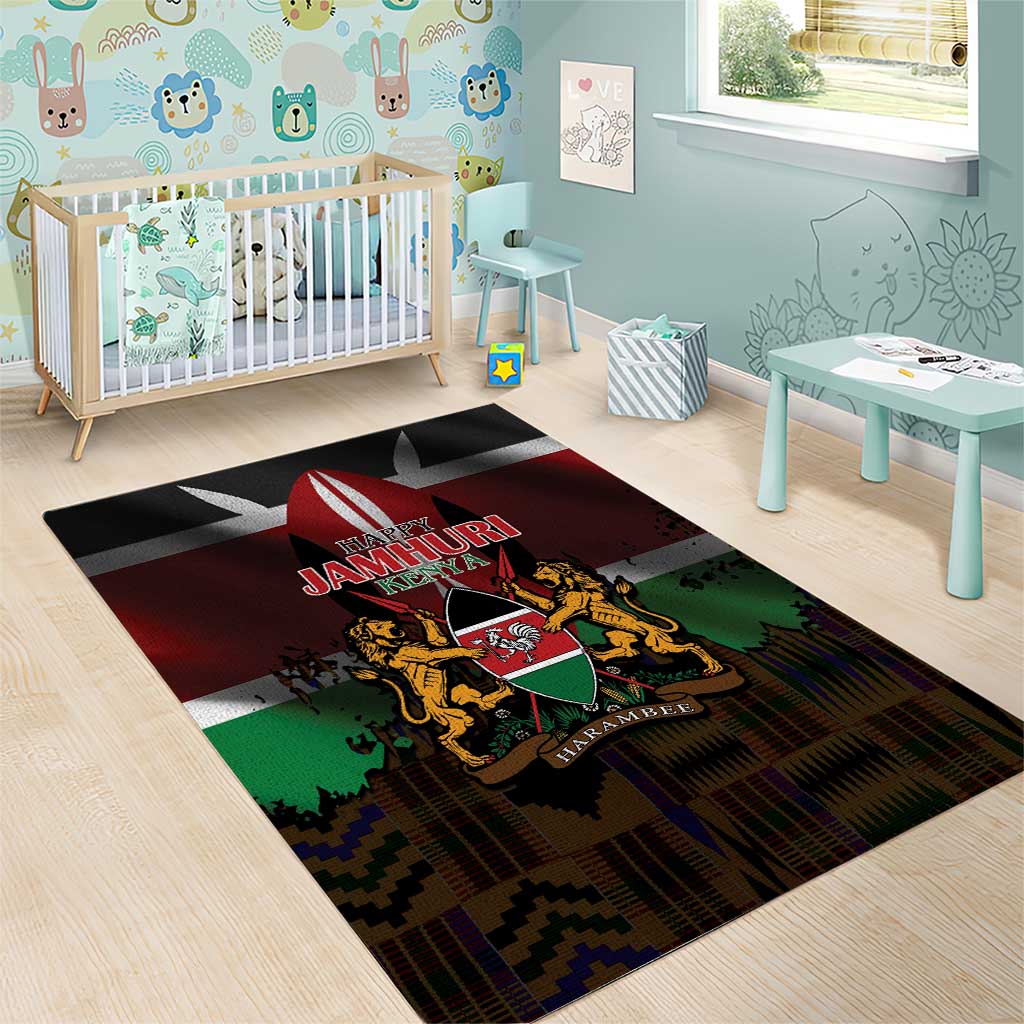Kenya Jamhuri Day Area Rug Coat Of Arms With Kente Pattern - African Pride