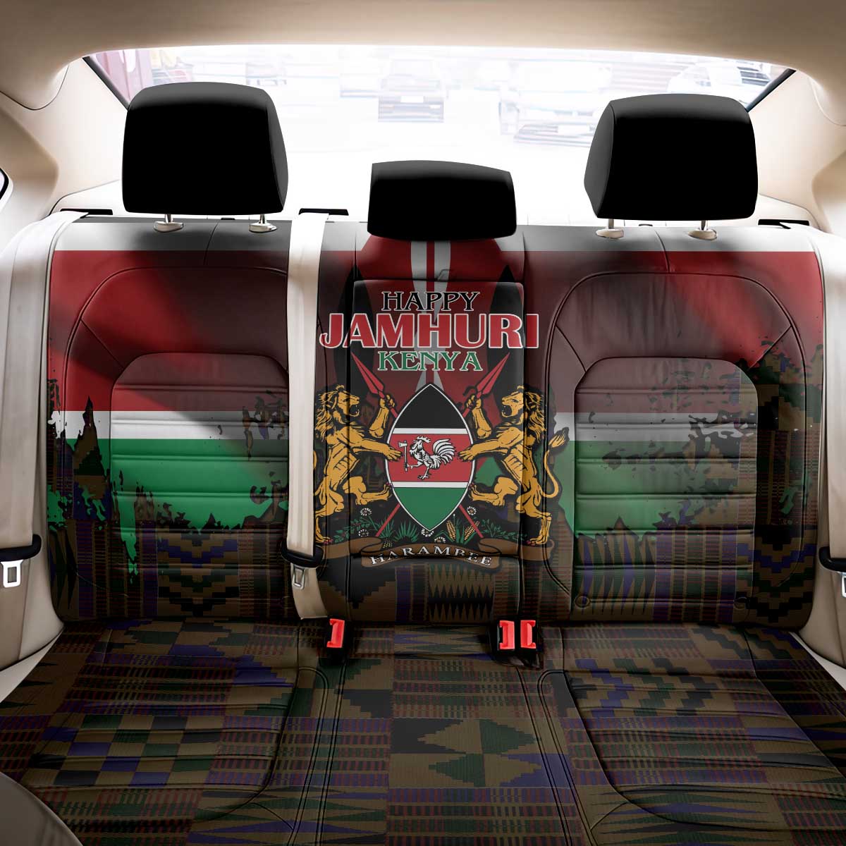 Kenya Jamhuri Day Back Car Seat Cover Coat Of Arms With Kente Pattern - African Pride