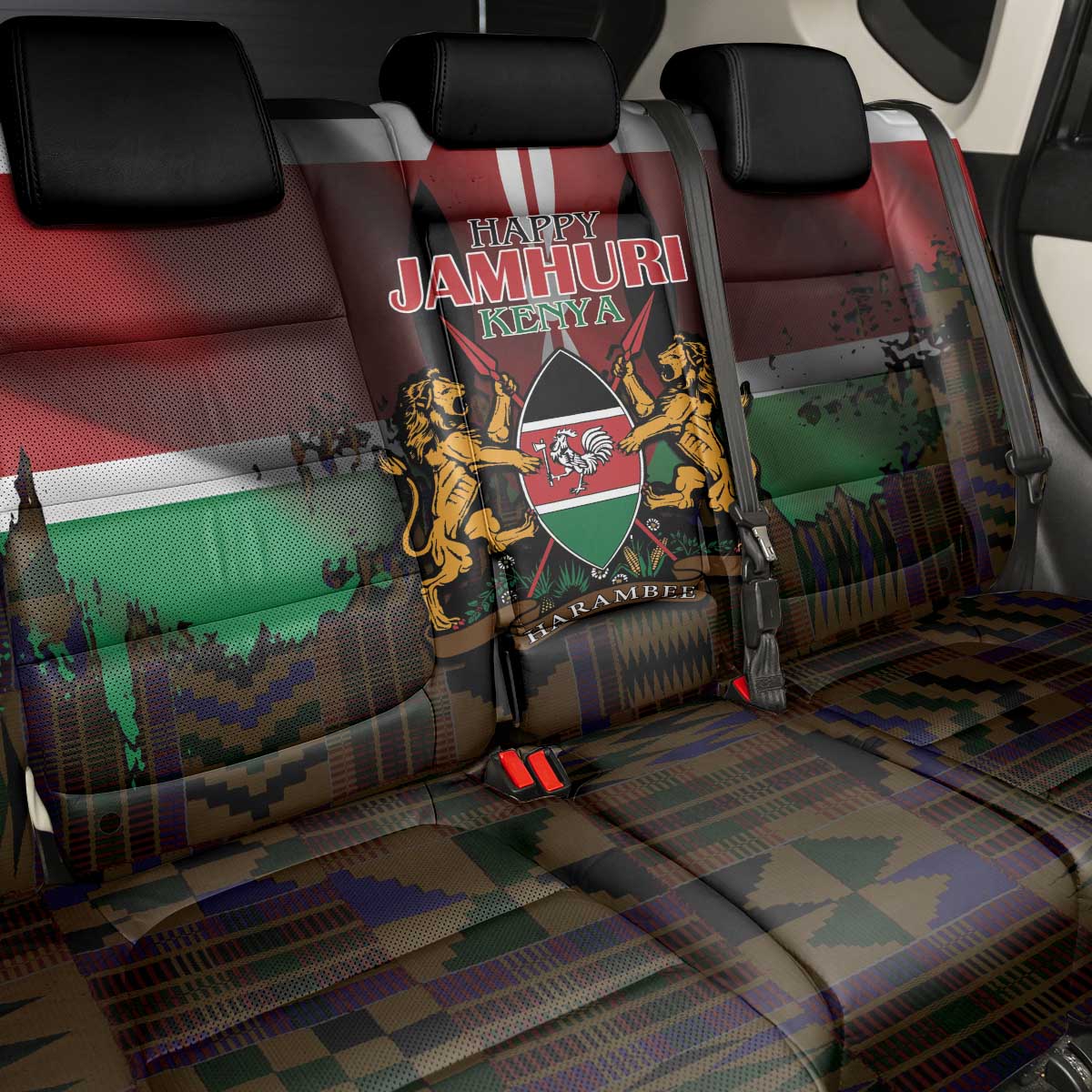 Kenya Jamhuri Day Back Car Seat Cover Coat Of Arms With Kente Pattern - African Pride