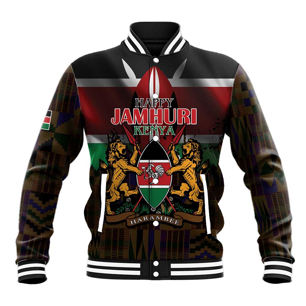 Kenya Jamhuri Day Baseball Jacket Coat Of Arms With Kente Pattern - African Pride