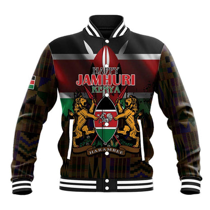 Kenya Jamhuri Day Baseball Jacket Coat Of Arms With Kente Pattern - African Pride