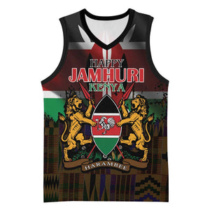 Kenya Jamhuri Day Basketball Jersey Coat Of Arms With Kente Pattern - African Pride