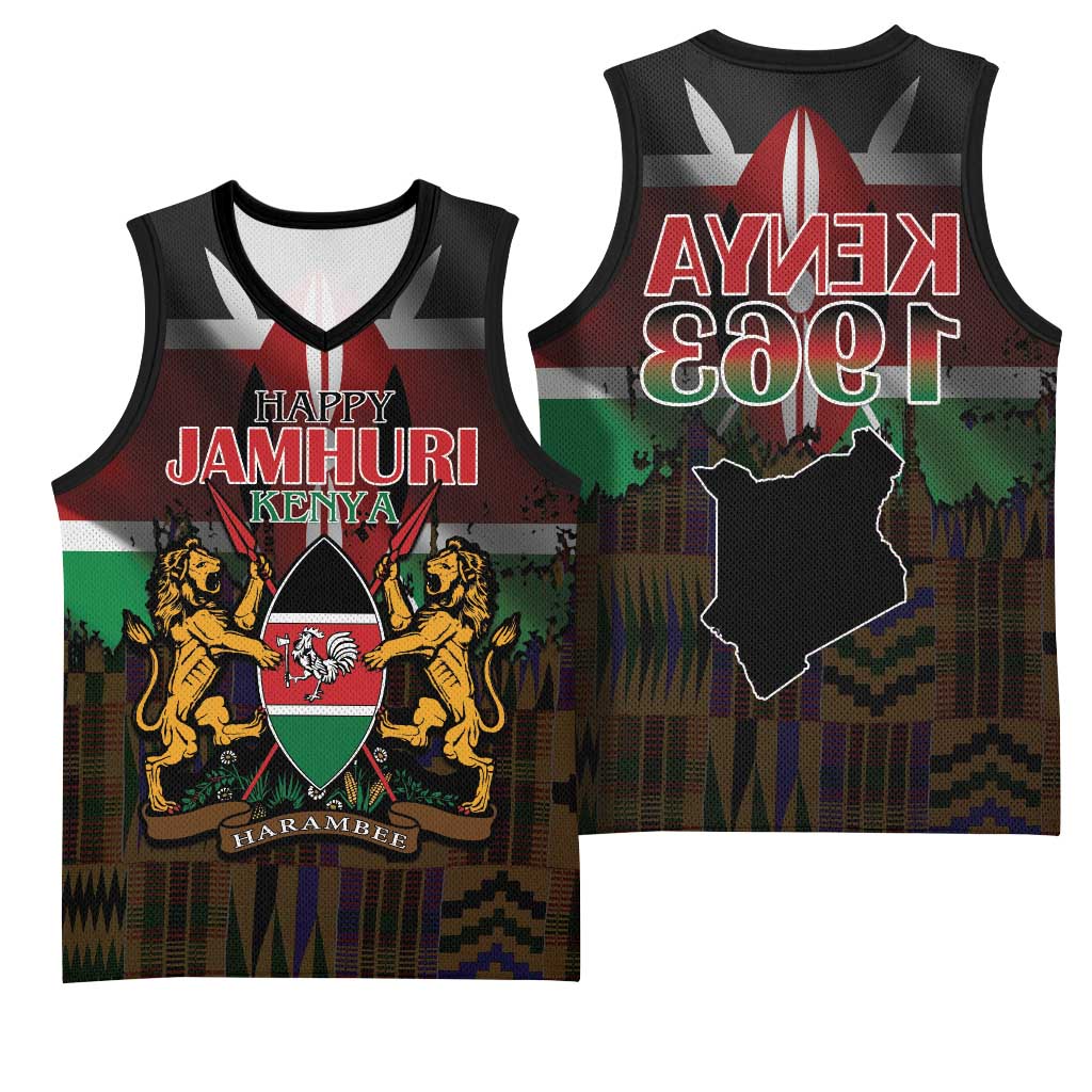 Kenya Jamhuri Day Basketball Jersey Coat Of Arms With Kente Pattern - African Pride