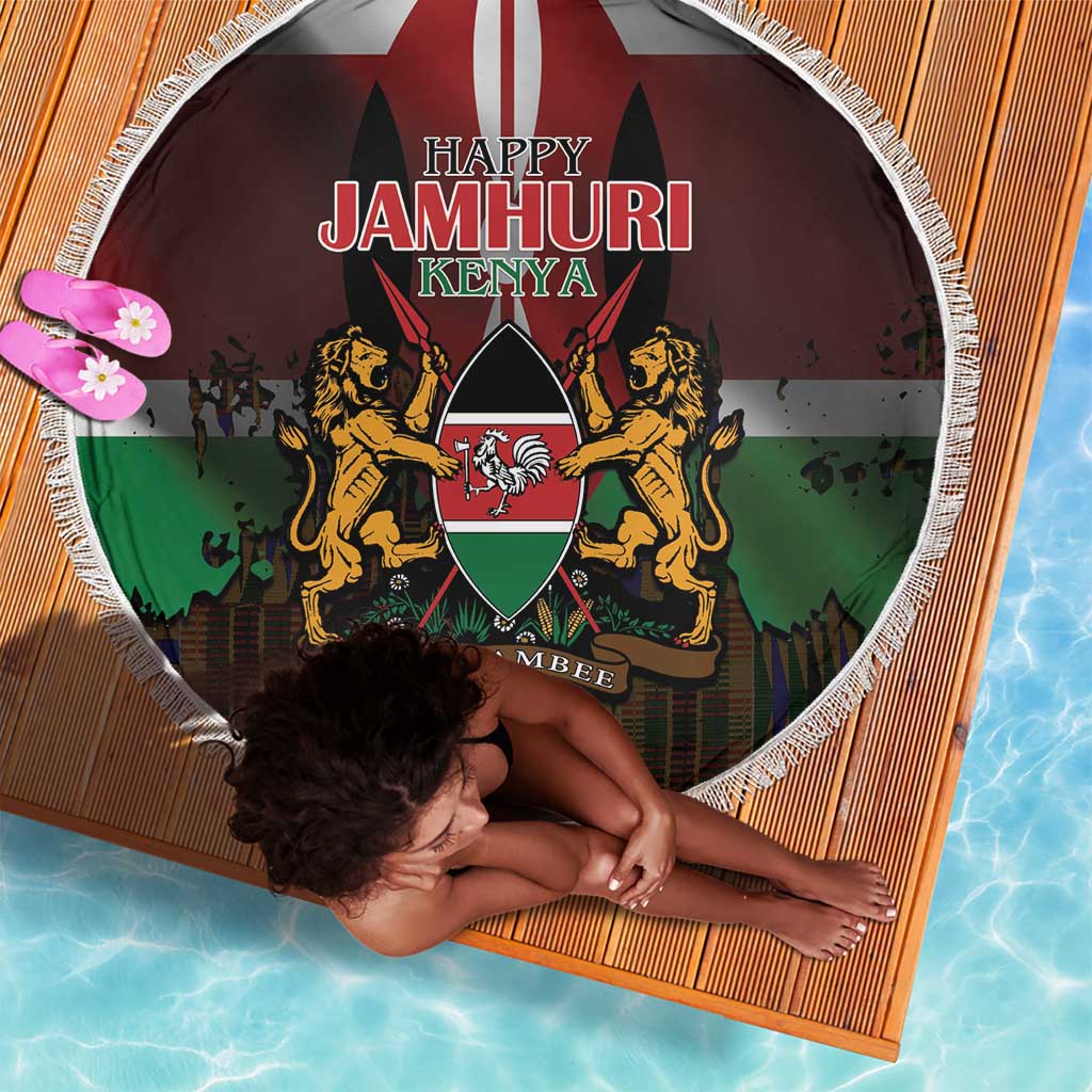Kenya Jamhuri Day Beach Blanket Coat Of Arms With Kente Pattern - African Pride